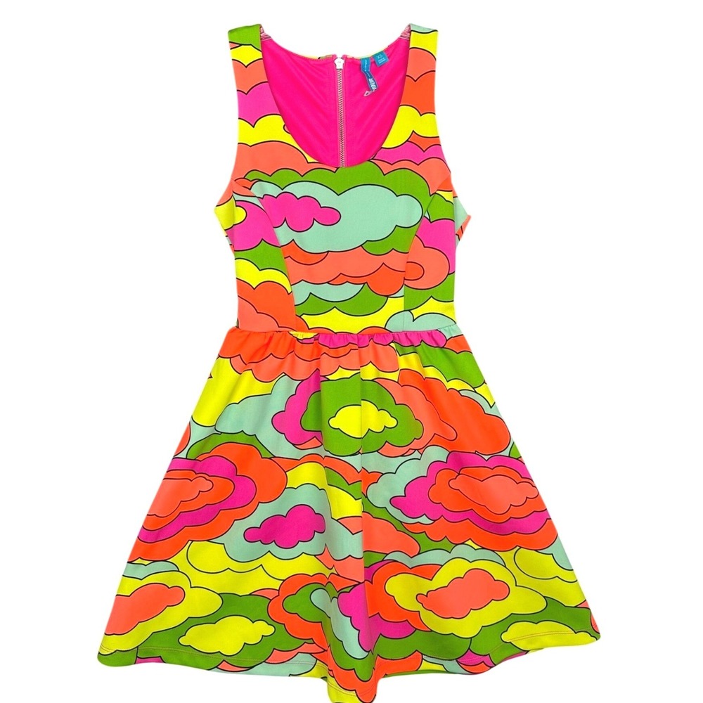 L'Amour Nanette Lepore XS Cloud Print Mini Dress Rainbow Psychedelic Mod Pop Art - Picture 2 of 14